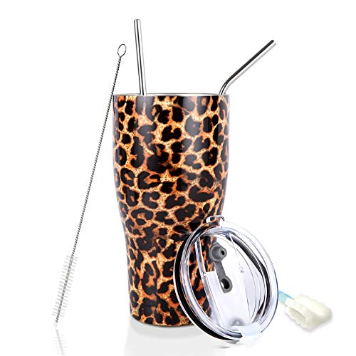 30 Oz. Tumbler Double Wall Stainless Steel Vacuum Insulation Travel Mug With Crystal Clear Lid And Straw, Water Coffee Cup For Home,Office,School, Ice Drink, Hot Beverage,Leopard,Slim #TOP5