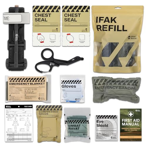 RHINO RESCUE IFAK Trauma Kit, First Responder Trauma Kit, Kit Militar de Primeros Auxilios con torniquete, sello de pecho, vendaje israelí 4IN, gasa comprimida (con 11 STK)
