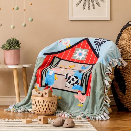 Image of Chumia 2 Pcs /1 Set Farm Animal DIY Tie Throw Blankets Farm Party Fleece No Sew Blanket Craft Kit 57 x 57 Inch Make Your Own Farmhouse Animals Blanket Farmhouse Animals Party Gifts for Bed Couch