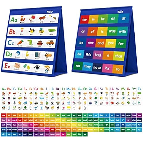 Desktop Pocket Chart, 120 Dry-Erase Double Sided Cards Includes 26 Letters with Images and 120 First Words, Self-Standing Tabletop Pocket Chart for Kids Teacher Classroom Home Use (13 X 12inch) Cover