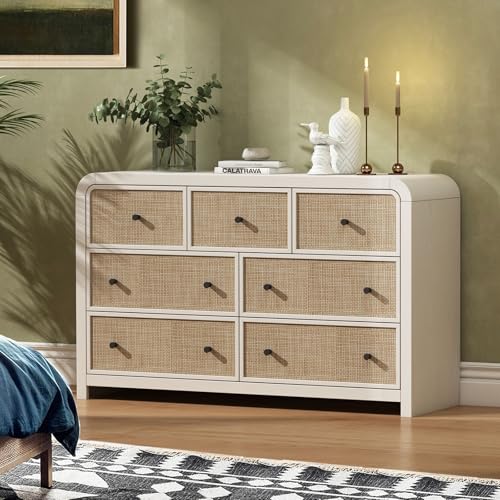 Image of Oak&Sparrow 7 Drawer Dresser for Bedroom, 49'' Rattan Dresser with Ample Storage, Boho Chest of Drawers, Thickened Curved Profile Design, Oak Dressers for Bedroom, Living Room