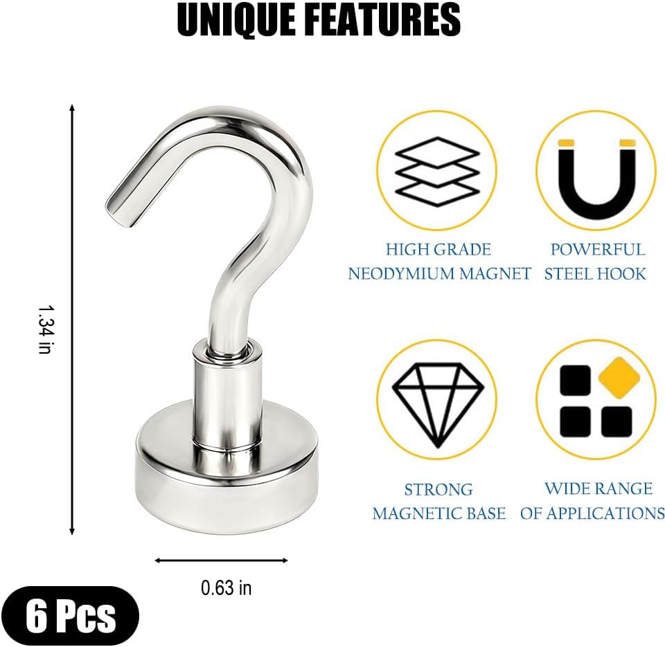 6 Pack Magnetic Hooks,11lb+ Heavy Duty Earth Magnets with Hook for Refrigerator,Strong Magnets Refrigerator Fridge Hanging for Classroom,Beach Vacation,Kitchen Grills,Home
