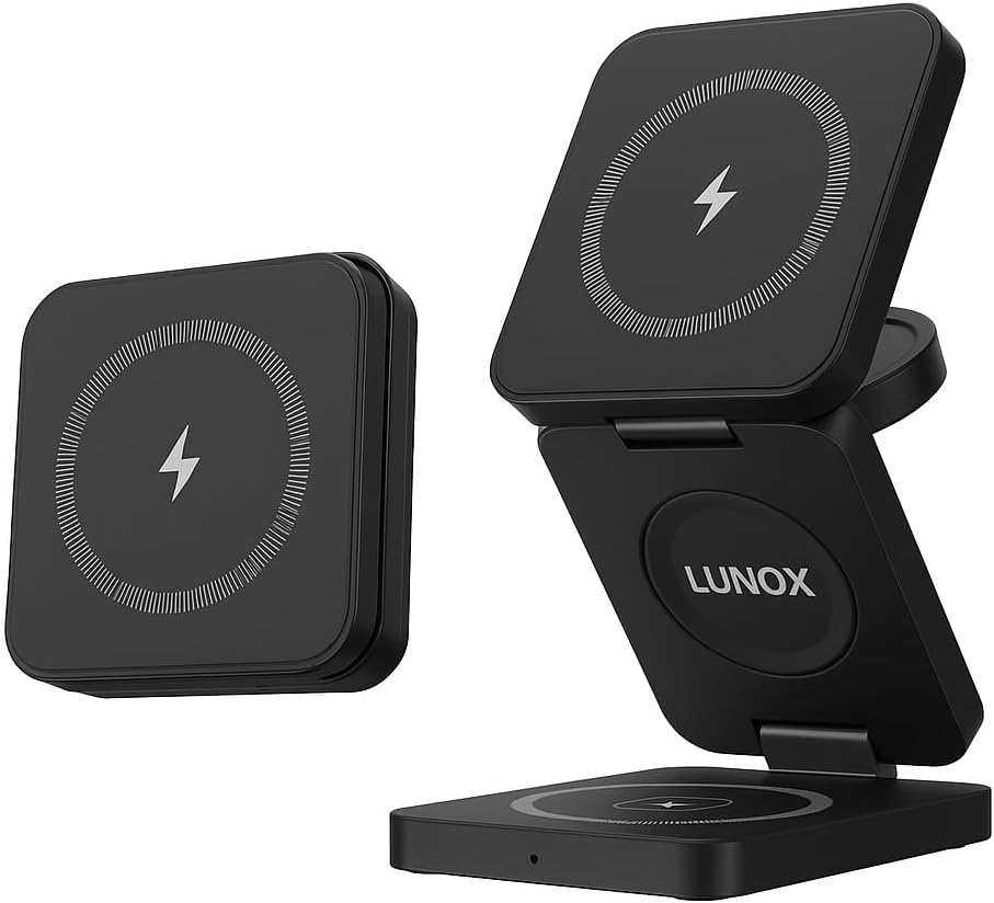 LUNOX 3-in-1 Wireless Charger for iPhone - Apple Watch & AirPods - Foldable Magnetic Fast Charging Dock - Black - White