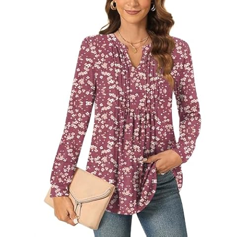 Anyally Women's Long Sleeve Shirts Fall Tops Dressy Casual Blouses Pleated Tunic Tops for Leggings, XL Plum Blossom Cover