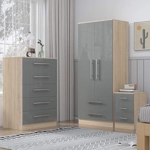 Unique Furnishings Grey Gloss Three Piece Bedroom Furniture Set - Bedside, Chest, Wardrobe - Image 6