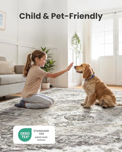 AMADA HOMEFURNISHING 9x12 Area Rug, Washable Low-Profile Large Area Rug with Non-Slip Backing & Durable Edge Binding, Vintage Large Rugs for Living Room, Bedroom