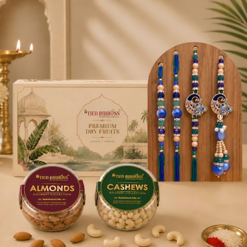 Image of TIED RIBBONS Set of 4 Rakhi for Brother Bhabhi and Kids with Dry Fruits Gift - Premium Bhaiya Bhabhi Kids Rakhi Set and Dryfruits Almonds and Cashew Roli Chawal