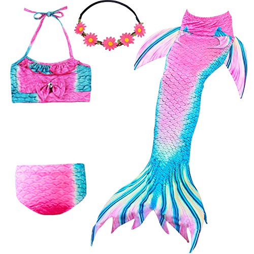 UrbanDesign Traje De Baño Disfraz Cola De Sirena Niña con Bikini para Nadar, 3-4 años, Camelia
