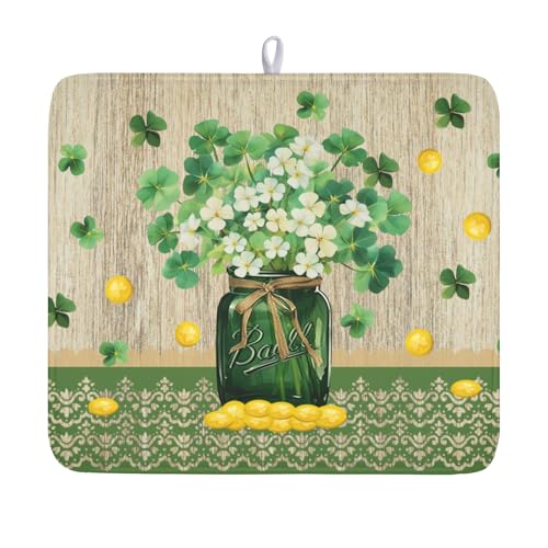 St Patricks Day Dish Drying Mat for Kitchen Counter Spring Holiday Green Lucky Shamrock Vase Drying Mat 16x18 Inch Absorbent Dish Drainer Mat Kitchen Accessories