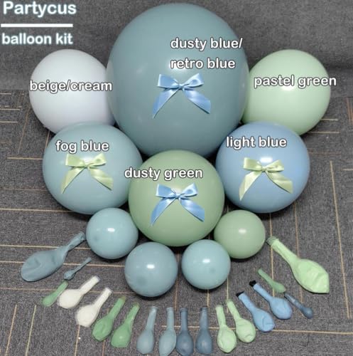 Image of Dusty Blue Sage Green Balloon Arch Kit, Double Stuffed Pastel Light Green Fog Blue White Cream Balloon Garland With Bows for Baby Shower Bridal Wedding Birthday Gender Reveal Silly Goose Party Decor