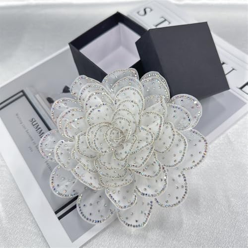Image of Rhinestone Camellia Flower Big Brooch Lapel Pins for Women Fashion Crystal Fabric Floral Brooches Pin for Dresses Suit Accessories Jewelry Boutonniere Corsage Wedding Party 140mm