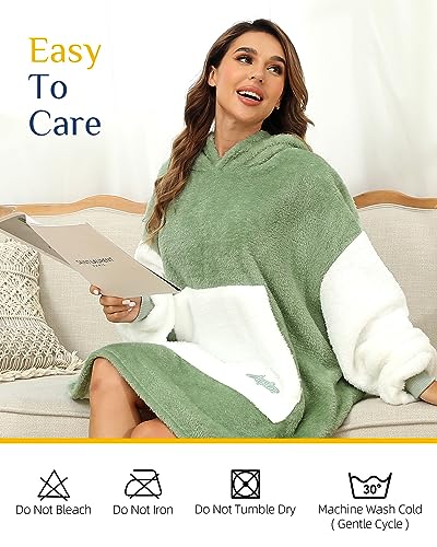 Argstar Übergroße Hoodie Decke tragbare Decken Hoodie leichte Kapuzendecke, kuschelige Samt-Decke,warmes Hoodie mit Tasche und elastischen Ärmeln für Erwachsene Damen und Herren Salbeigrün