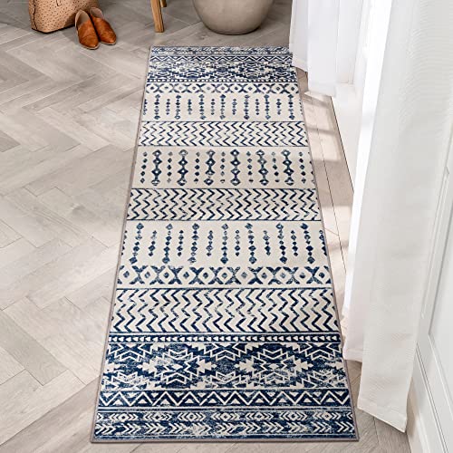 Art&Tuft Runner Rug 2'6X8', Super Soft Ultra-Thin Moroccan Washable Rug, Anti-Slip Backing Kitchen Rugs, Foldable Geometric Machine Washable Hallway Rug(2'6"X8', Blue) #TOP16
