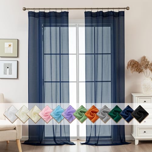 Image of Navy Blue Sheer Curtains 96 Inches Long, Privacy Semi Sheer Curtains for Living Room Bedroom, Light Filtering Rod Pocket Voile Window Drapes 2 Panels Set, Each 42 inch W x 96 inch L