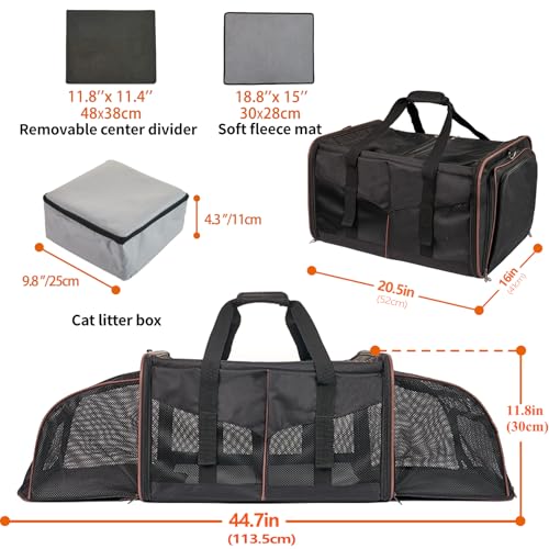 LitaiL Cat Carrier for 2 Cats, Large Dual Cat Travel Carrier with Litter Box, Portable 2-in-1 Soft Pet Travel Carrier for Indoor Outdoor, Large Double Cat Carriers for Cats Dogs Up to 25lbs