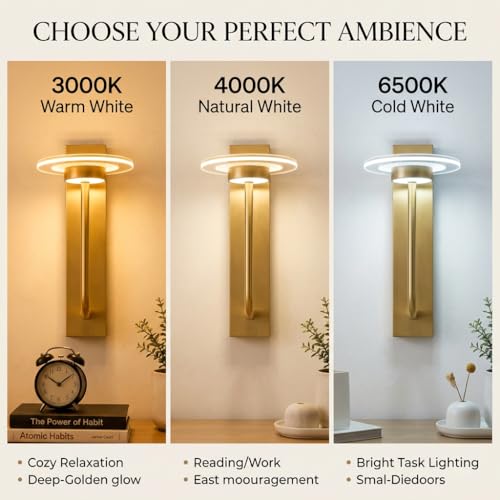 Image of LED Wall Light 3-Color CCT (Warm + Natural + Cold White) Metal & Acrylic Gold Finish Wall Lamp for Bedroom Living Room Home Decor