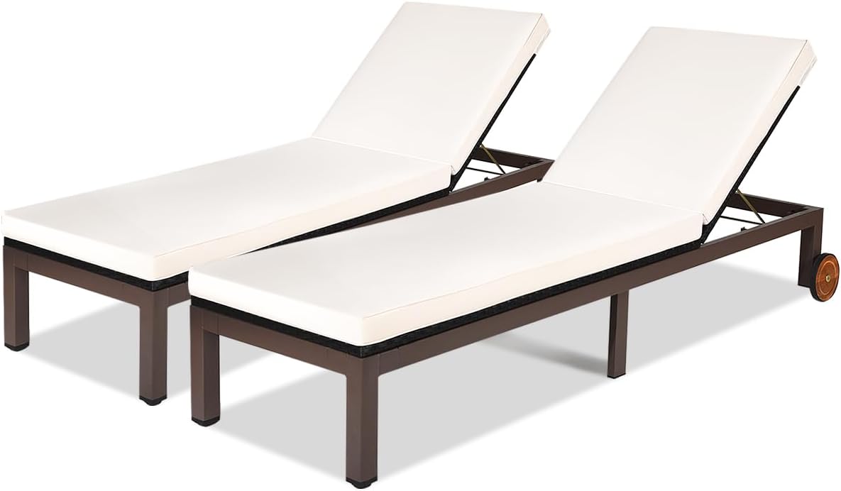 Outdoor Chaise Lounge Chair Set of 2, Rattan Sun Lounger Recliner with Padded Cushion, 5-Position Adjustable Pool Lounge Chairs with Wheels for Patio, Deck, Backyard, Garden (2, White)