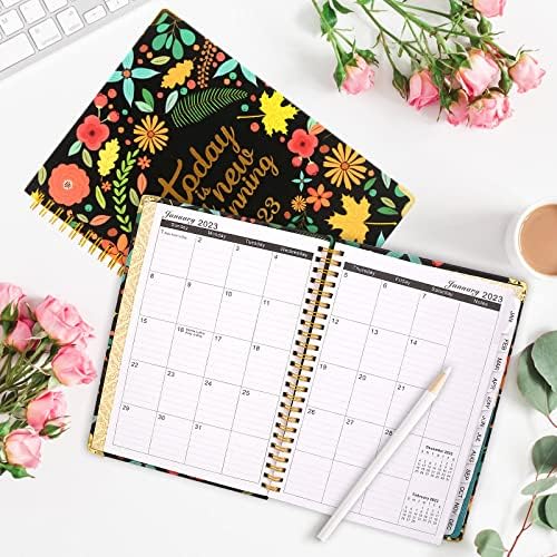 Planner 2023 Daily Weekly and Monthly Agenda with Stickers The School Student Agendas Floral Hardcover Thick Paper 8.5"×6.2"(Black Flower)