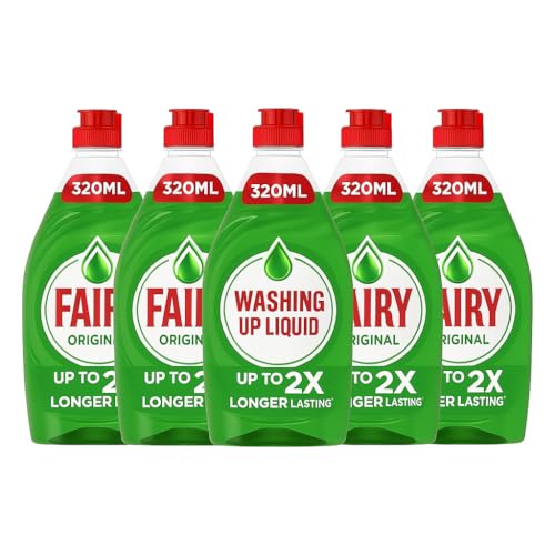 5 x Fairy Original Washing Up Liquid 320ml Bottles Concentrated Powerful Grease-Cutting Dishwashing Liquid with Long-Lasting Fresh Scent Gentle on Hands Kitchen Cleaning Essential + Epished Guides