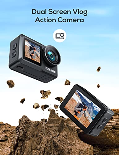 Image of iZEEKER Action Camera 4K 60FPS with Touchscreen, 40M Underwater Camera Waterproof, Dual Screen Vlog Camera with EIS, WiFi, Remote Control with 2X 1350mAh Batteries, Battery Charger and Accessory Kit