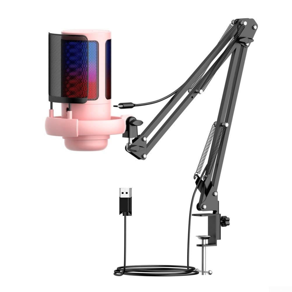 Microphone USB avec technologie de suppression du bruit et motif directionnel cardioïde offrant un gain réglable et RVB pour les jeux et l'enregistrement vocal (rose)