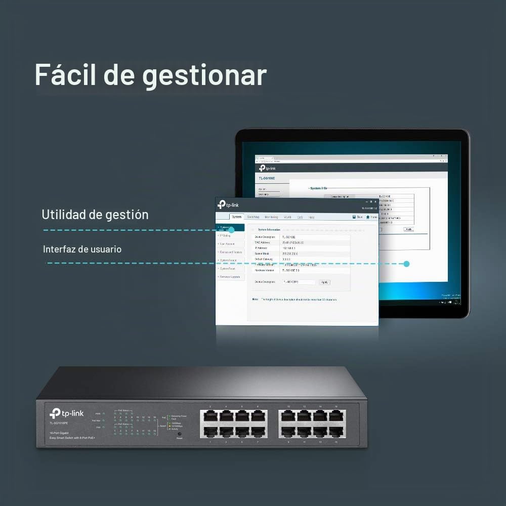 TL-SG1016PE Gestionado Gigabit Ethernet (10/100/1000) Energía sobre Ethernet (PoE) Negro Switch | 8 puertos PoE+ de 150 W, Plug & Play, metal resistente con puertos blindados, QoS, VLAN, IGMP LAG, ayuda gratuita de expertos