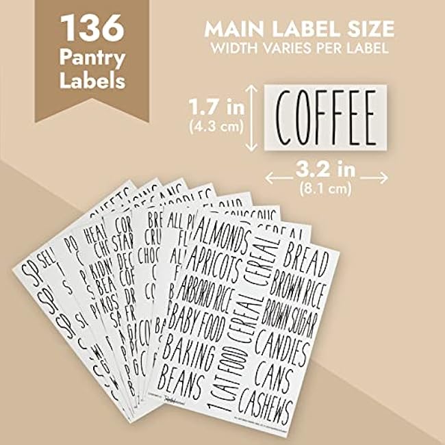 Talented Kitchen 136 Kitchen Sticker Labels for Food Containers - Varied Sizes, Black Text on Clear Background - Waterproof Labels for Jars & Storage