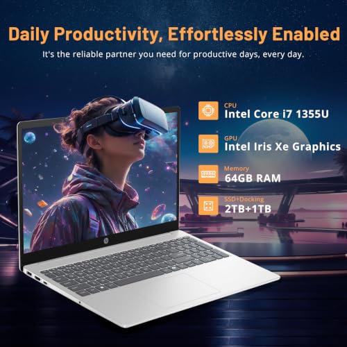 Image of HP 15.6 inch FHD Touchscreen Business Laptop, Intel i7-1255U, 64GB RAM, 2TB PCIe SSD, Intel Iris Xe Graphics, Num Pad, Webcam, Windows 11 Pro, Natural Silver, 32GB Hotface USB Card
