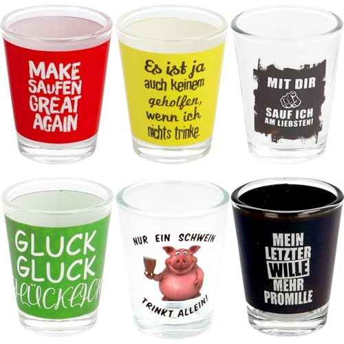 6 Schnapsgläser mit Motiv und Sprüchen|lustiges Schnapsglasset|Shotgläser-Set|Party-Shots|Spaßgläser|Trinkspiel|Stamperl|Tequilaglas|Studentenparty|Silvester|lustiges Geburtstagsgeschenk (6er Set 1)