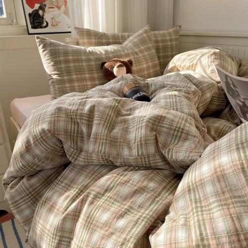 Image of MKXI Pistachio and Pink Plaid Duvet Cover Twin, 3-Piece Vintage Aesthetic Bedding Set, 100% Washed Cotton, Breathable & Lightweight Reversible Design with Zipper Closure