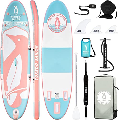 Tuxedo Sailor Aufblasbares Stand Up Paddle Board SUP Yoga Board Komplettzubehör Verstellbares Paddleboard, Pumpe, ISUP Reiserucksack, Handy wasserdichte Tasche, Finne, Kajak-Sitz, Paddling Surfboard