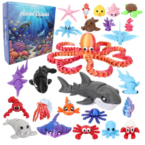 Calendario de Adviento 3D Animales Oceánicos, 24 Figuras Articuladas de Criaturas Marinas Fidget, Cuenta Atrás Navideña, Regalos Flexibles Antiestrés para Adolescentes y Niños