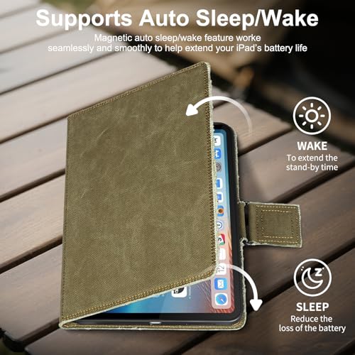 Étui pour iPad Pro 11 en toile robuste vert armée avec support réglable multi-angles