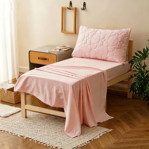 Image of Wellboo Solid Pink Toddler Bedding Sets for Girls Boho Sunflower 4 Pieces Soft Crib Bed Set Including Comforter, Sheets and Pillowcase Kids Soft Solid Color Aesthetic Bean Pink Quilt