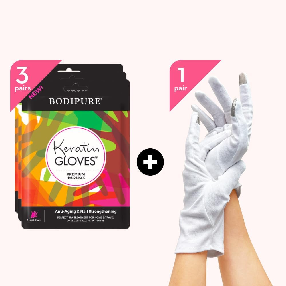 Bodipure Premium Hand Mask Keratin Gloves 3pk of Moisturizing Gloves for Dry Cracked Hands Plus Touchscreen White Cotton Gloves 1pk for Dry Hands to Fully Absorb The Cream.