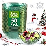 I00000 50 Pack 12 Ounce Clear Green Plastic Bowls Serving Bowls Hammered with Gold Rimmed, Heavy Duty Disposable Bowl Set,Small Bowls for Christmas Party