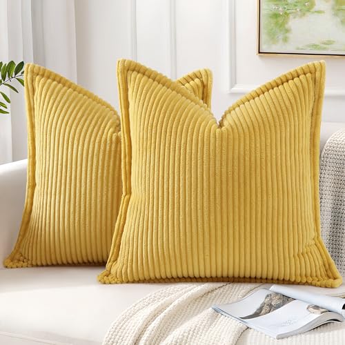Mecatny Corduroy Throw Pillow Covers 22x22 Set of 2, Neutral Decorative Soft Boho Couch Pillow Covers with Broadside for Sofa Living Room, Mustard Yellow