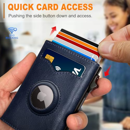 Image of miyozi Airtag Wallet for Men,with Cash Pocket 2 ID Window 9-12 Cards,Metal Case Smart Slim Pop Up Credit Card Holder Flip with Magnetic Closure RFID Blocking Trifold wallet with Gift Box