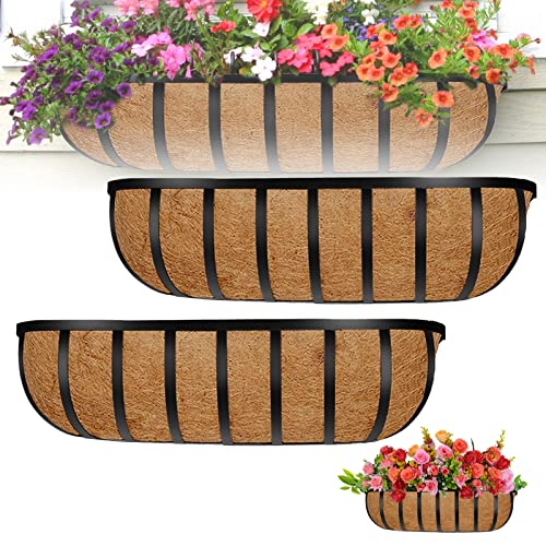 2 Pcs Flat Iron Series Planter Boxes, 24-Inch English Horse Trough Coco Planter, Metal Long Rectangular Shape Wall Mount Planter Coco, Extra Coco Liner Trough Kit for Outdoor or Indoor Use, Black