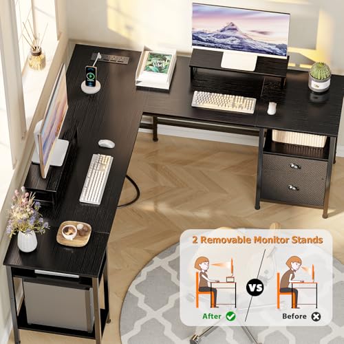 Image of Furologee 66 inch L Shaped Desk with Power Outlet, Reversible Computer Gaming Desk with File Drawer & 2 Monitor Stands for Home Office with Storage Shelves, Black