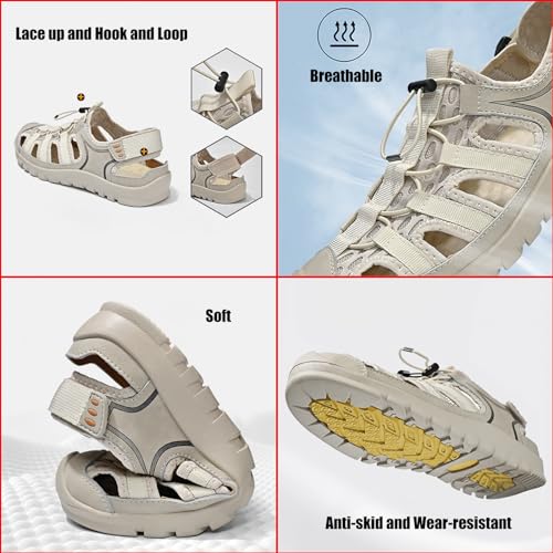 Zeberfi Men Hollow Genuine Leather Mesh Fisherman Sandals with Hook and Loop Fashion Lace Up Closed Round Toe Outdoor Athletic Casual Beach Shoes Summer Breathable Walking Sports Hiking Sandals2