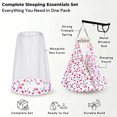 Image of VParents Sleeping Essentials Set with Mosquito Net, Spring & Window Stand (Pink) | Polka Dots