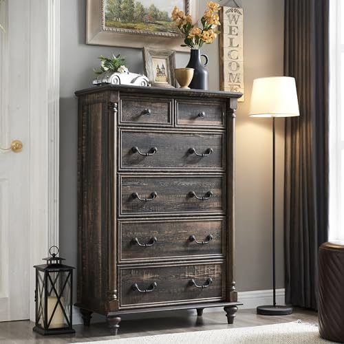 T4TREAM Farmhouse 6 Drawers Dresser Chests for Bedroom w/4 Solid Wood Feet & Column Decor, Tall Wood Country Rustic Chest of Drawers, Storage Dressers for Bedroom, Living Room, Dark Rustic Oak