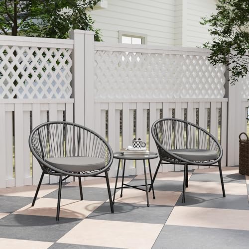 Outsunny 3 Piece Wicker Patio Furniture Set, Acapulco Chair Set with Soft Seat Cushions, Tempered Glass Tabletop, Rattan Bistro Set for Garden, Backyard, Black - Image 3