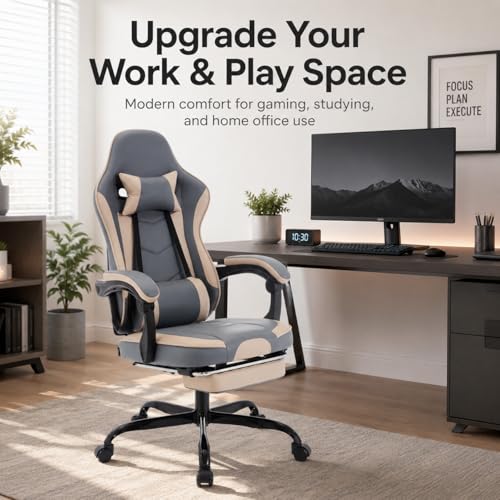 Image of Gaming Desk Chair for Adults, Ergonomic Gaming Chair with Footrest & Headrest and Lumbar Support, Leather Material Height Adjustable Computer Video Game Chairs (Beige+Blue)