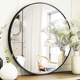 Black Round Mirror, Round Mirror 24 inch, Black Circle Mirrors Metal Frame, Wall Mounted Mirrors for Living Room, Bathroom, Wall, Entryway, Rustic.