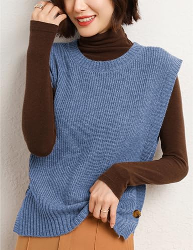 Womens Round Neck Knit Tank Vest Split Split Pullover Sleeveless Ribbed Knit Sweater Vest Tops4