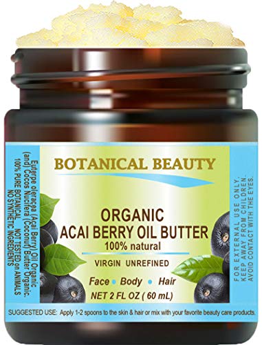 ORGANIC ACAI BERRY BUTTER BRAZILIAN 100 % Natural / 100% PURE BOTANICALS. VIRGIN / UNREFINED BLEND. 2 Fl.oz.- 60 ml. For Skin, Hair and Nail Care. "From Amazon Rainforest. Number one superfood for the skin and hair." by Botanical Beauty.
