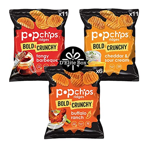 Popchips Bold And Crunchy Ridges Potato Chips Variety Pack, Single Serve 0.7 Ounce Bags (Pack Of 28), 3 Flavors: 11 Cheddar & Sour Cream, 11 Tangy Bbq, 6 Buffalo Ranch. Great Snack Choice For Trips, Parties, School, Holidays And Care Packages By D'elite Box #TOP1