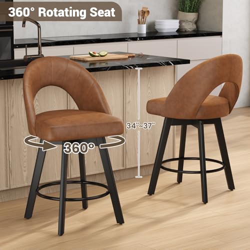 Image of YaFiti 24 inch Counter Height Bar Stools, Ergonomic Curved Back Design Swivel Bar Stools with Faux Leather Seat & Solid Wood Legs for Kitchen Island, 1 PCS, Light Tan